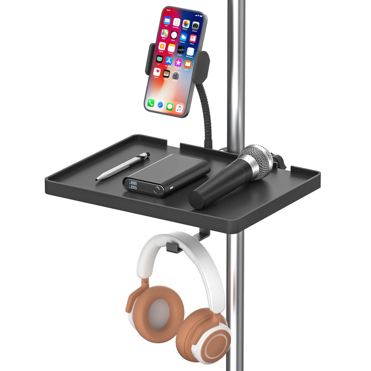 Universal Microphone Stand Tray With Phone Holder, Adjustable Mic Stand Tray Shelf Clamp On Utility Shelf   8.7'' X 6.5'' Music