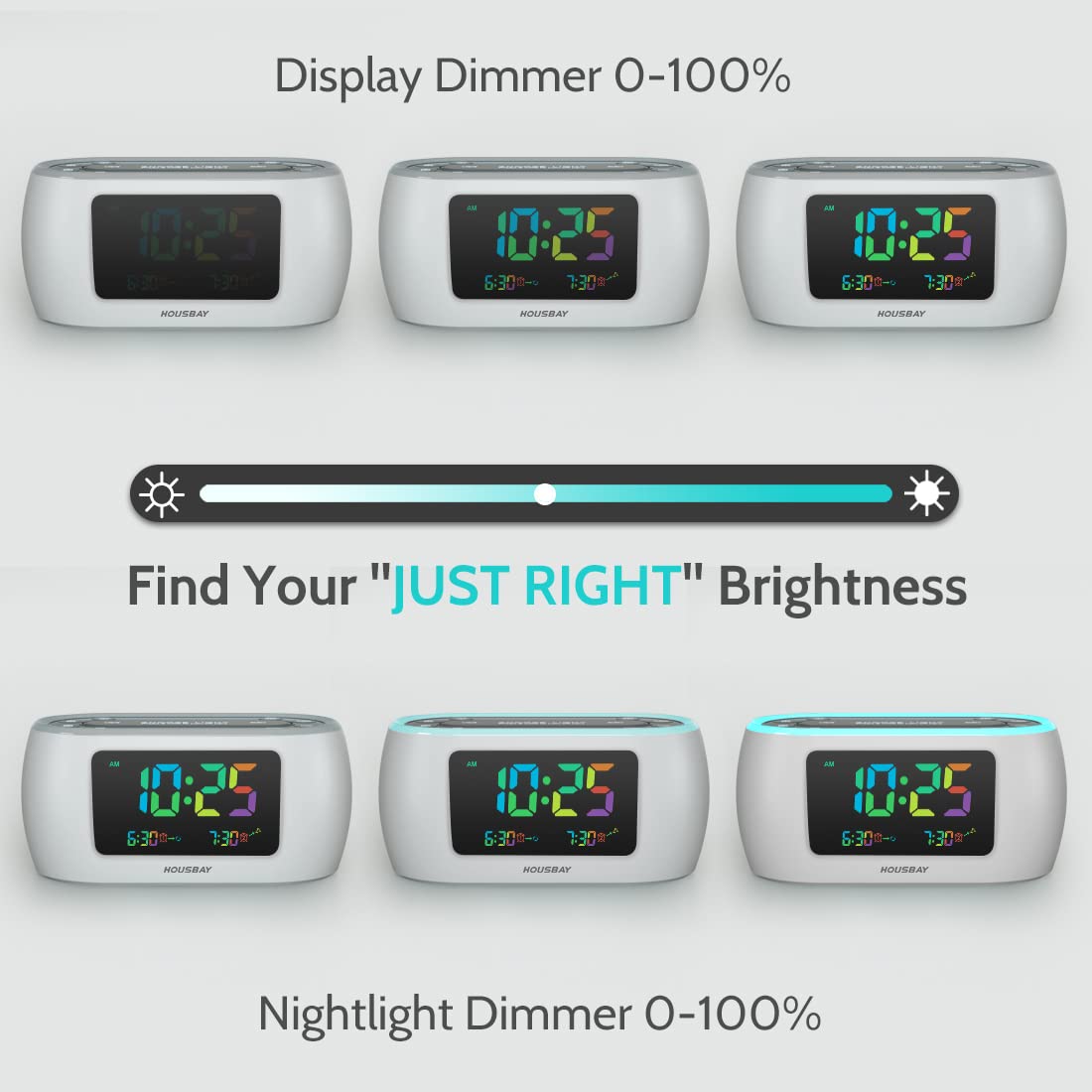 Housbay Glow Small Colorful Alarm Clock Radio With Rainbow Digit, 7 Color Night Light With On/Off Options, Dual Alarm, Dimmer, F