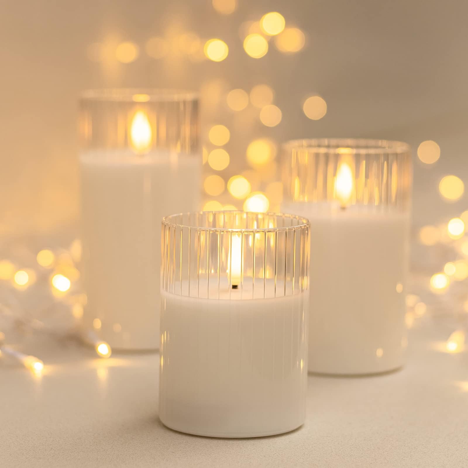 Angelloong White Flameless Candles With Timer, Glass Flickering Led Candle With Remote, Set Of 3 Battery Operated Pillar Candles