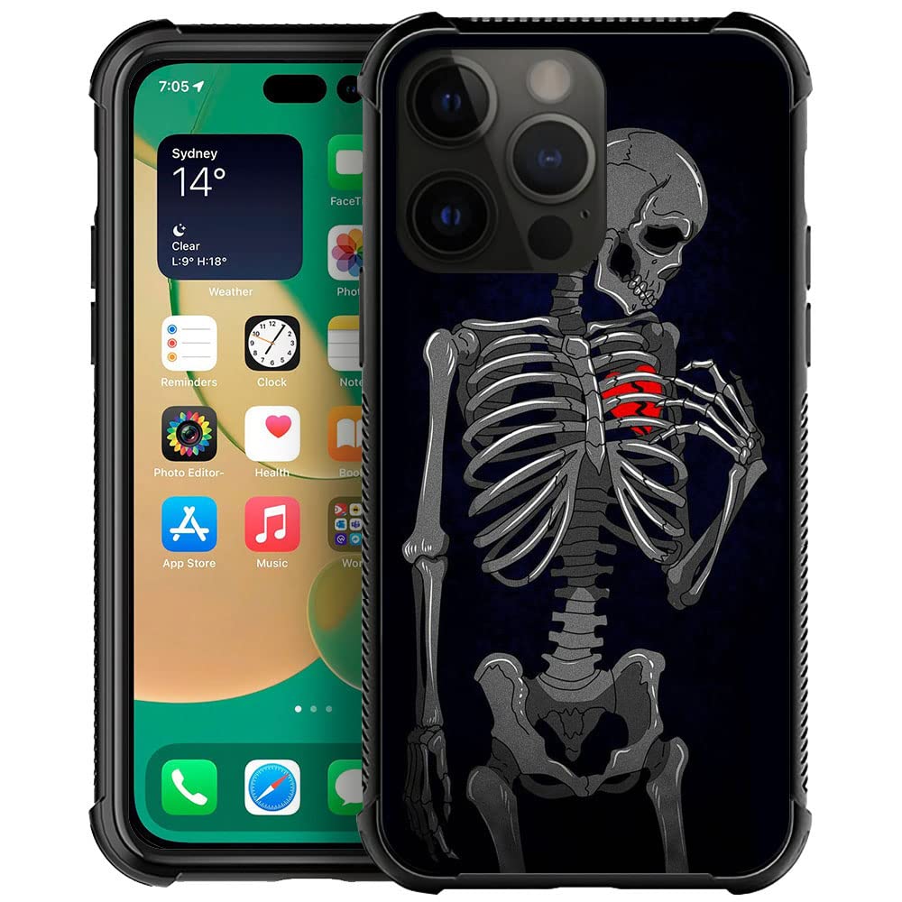 Compatible With Iphone 14 Pro Max Case, Brake Heart Skeleton Iphone 14 Pro Max Cases, Tempered Glass Back+Soft Silicone Tpu Shoc