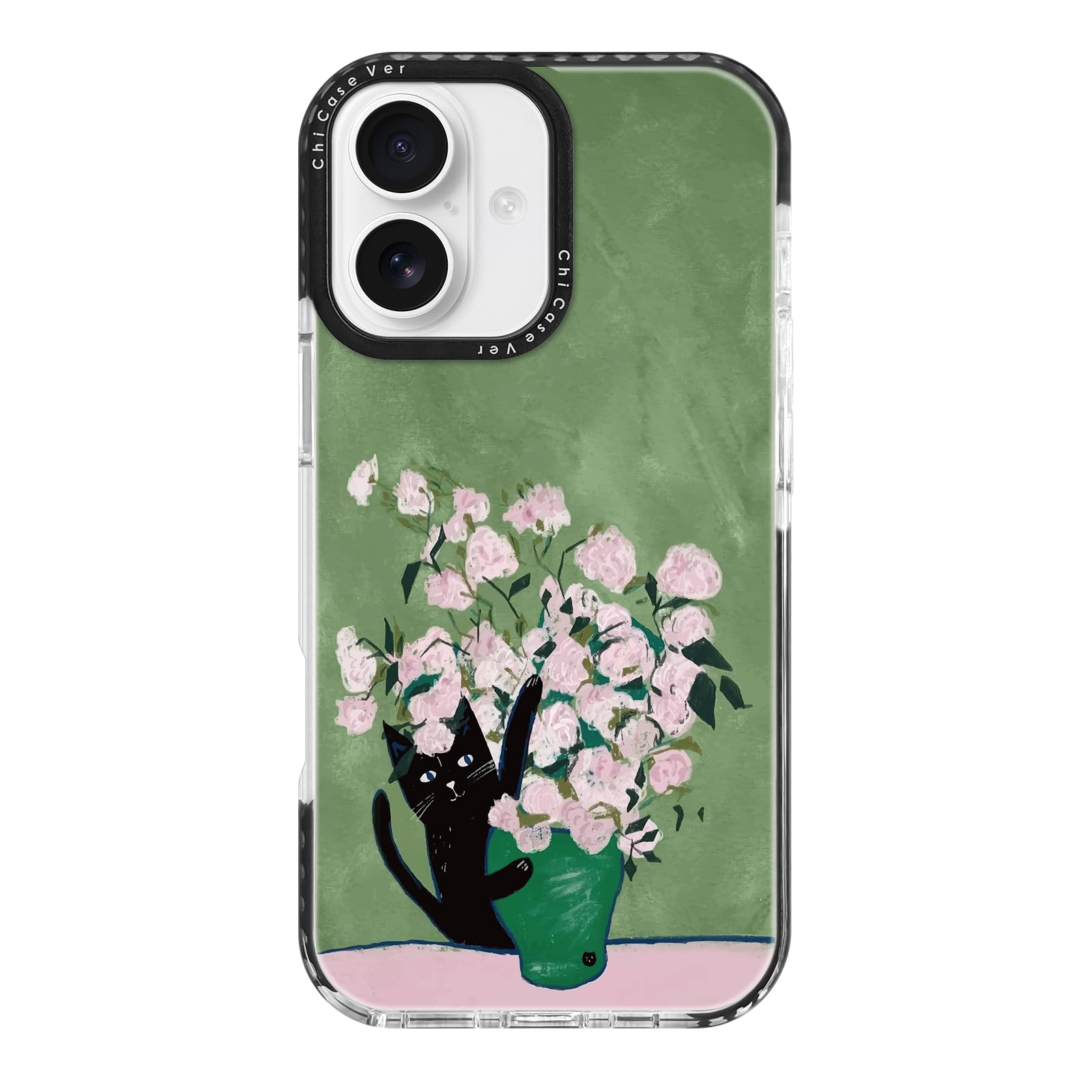 ChiCaseVer for iPhone 16 Case, Whimsical Black Cat with Aesthetic Pink Roses Floral, Cute Soft Slim TPU Compatible with MagSafe 