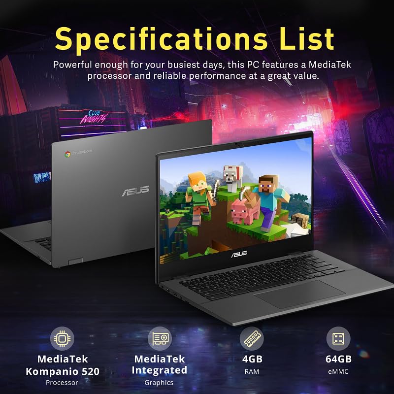 Asus Chromebook Cm1402 14'' Fhd Anti Glare Laptop, Mediatek Kompanio 520, 4Gb Lpddr4X, 64Gb Emmc, Webcam, Wifi 6, Bluetooth, Chr