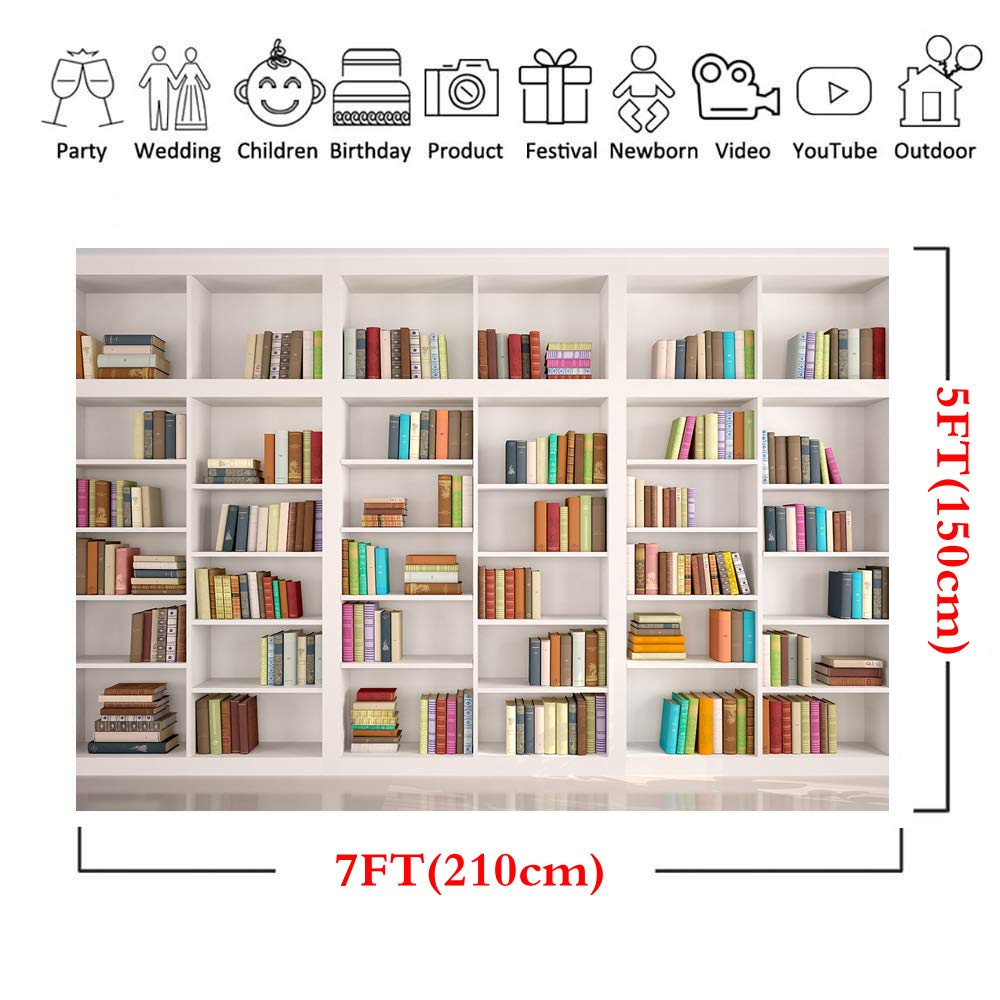 LYWYGG Bookshelf Backdrop - Vintage Library Office Background, 7X5FT, White, Vinyl for Video Conference & Parties