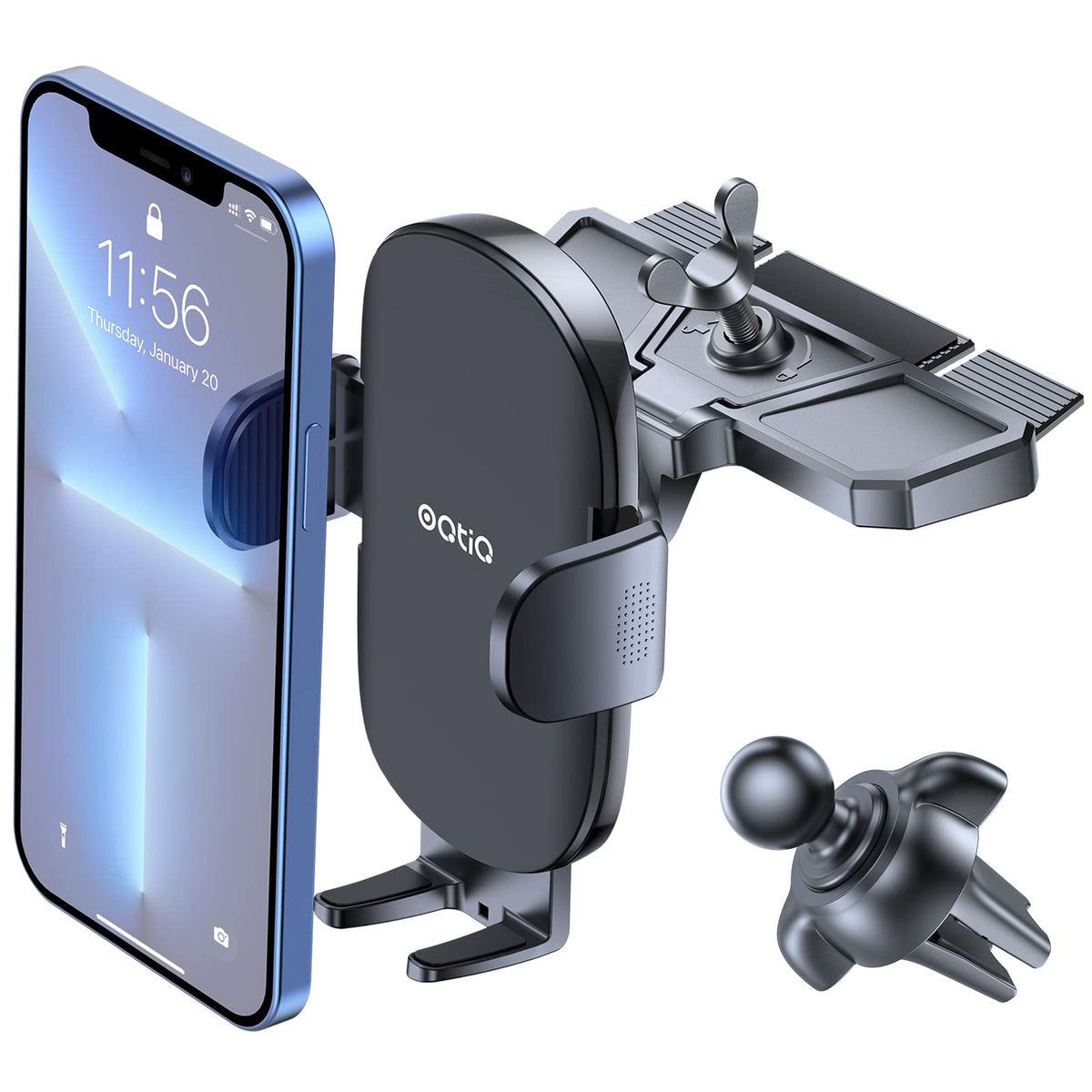 Oqtiq Cd Phone Holder For Car - One Touch Release, 360 Viewing, Universally Compatible With Iphone & Android, Cd Player Phone Mo
