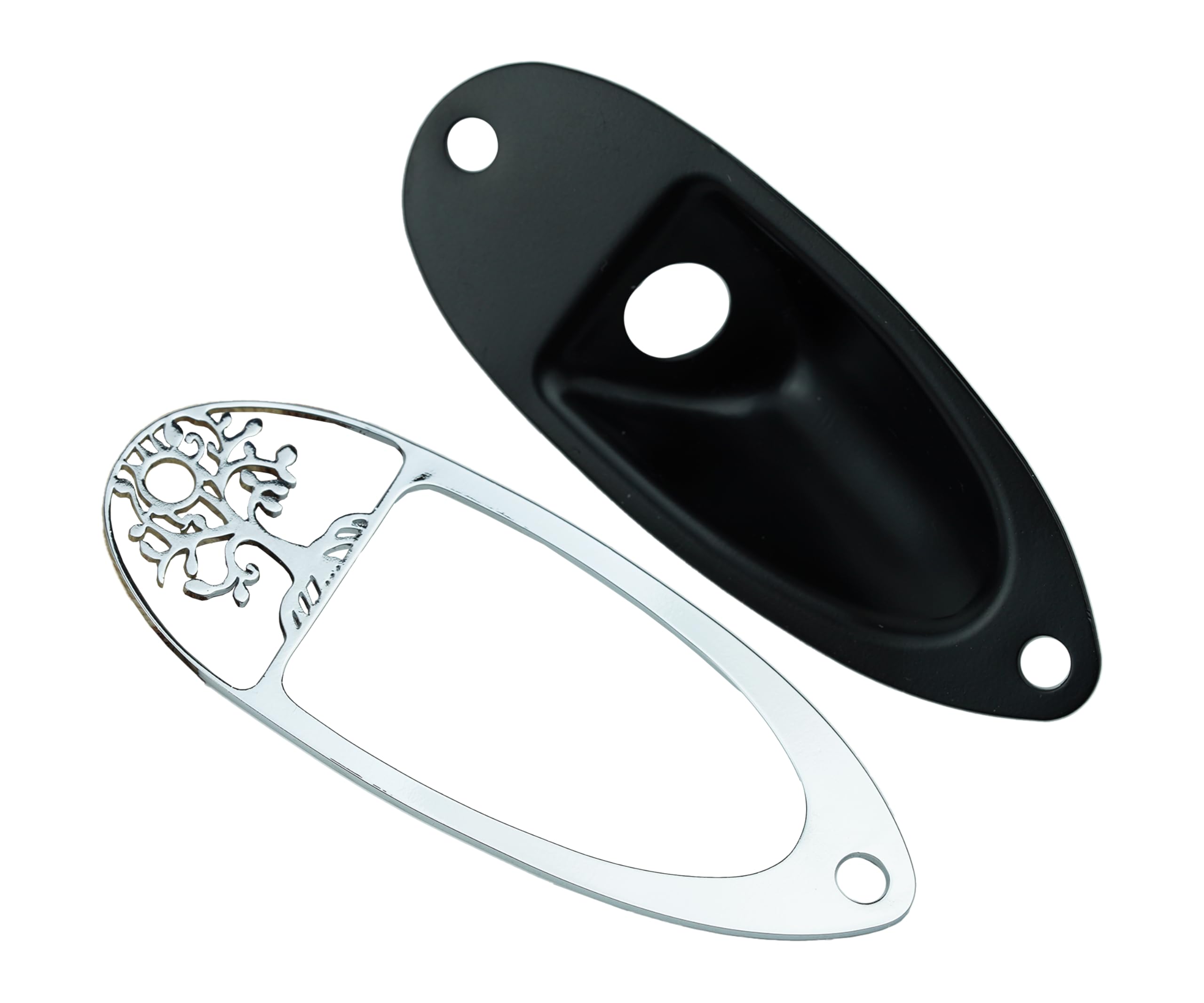 Guyker Guitar Input Jack Plate, Iron Oval Boat Shape Jackplate Socket Ferrule Output Curved GJ008 Black+ GJ007 Cover Combo Set f