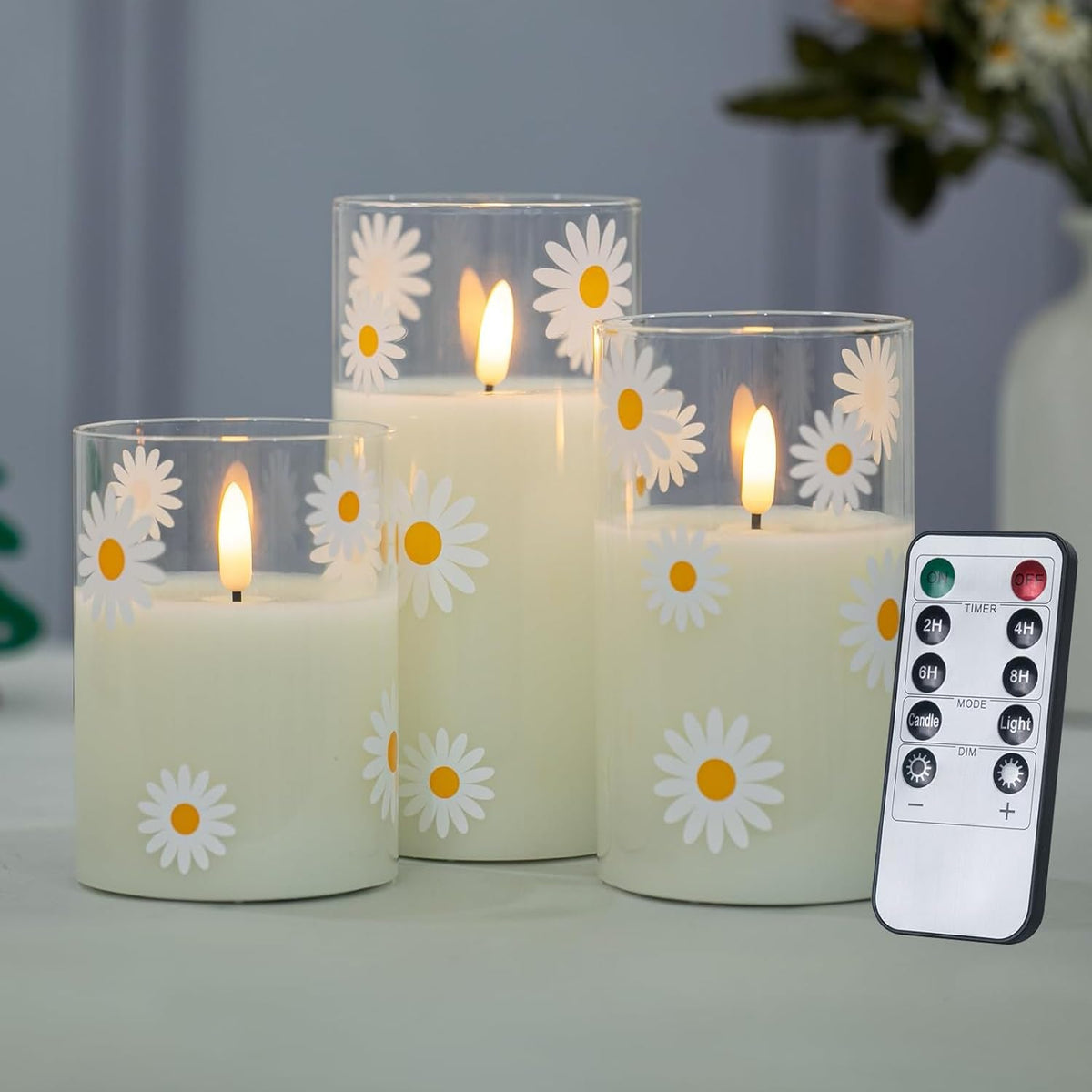 Daidasy Daisy Flameless Candles Battery Operated With Remote, Real Wax Glass Led Flickering Candles, Gifts For Women, Home Table
