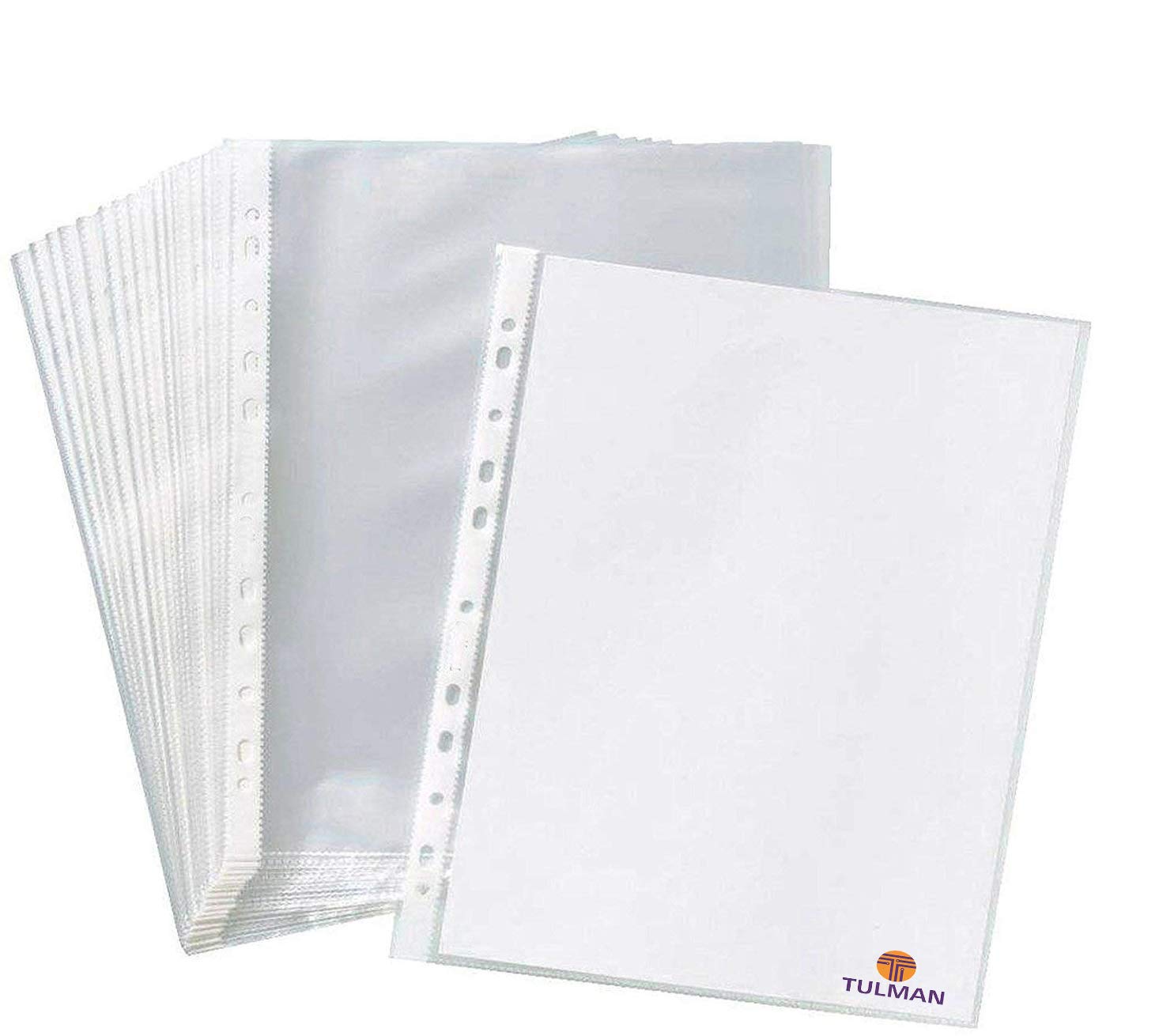 TULMAN 50Pcs Transparent A4 Size Document Sleeves 150 Micron Thickness Leaf Waterproof Clear Sheet Protector 11 Holes Punched Ri