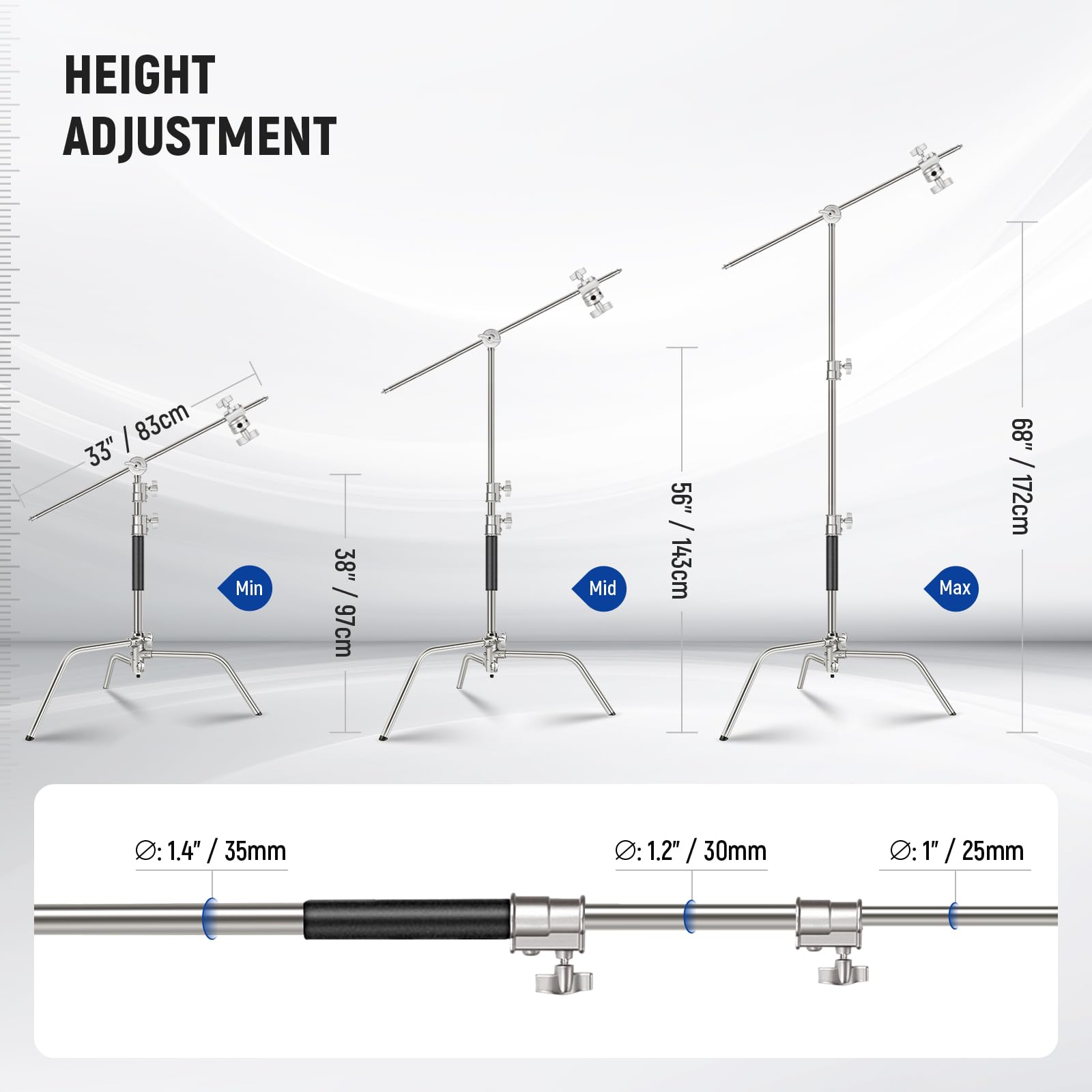 Neewer Pro 100% Stainless Steel Heavy Duty C Stand With Boom Arm, Max Height 68''/172Cm Photography Light Stand With 2.7Ft/83Cm