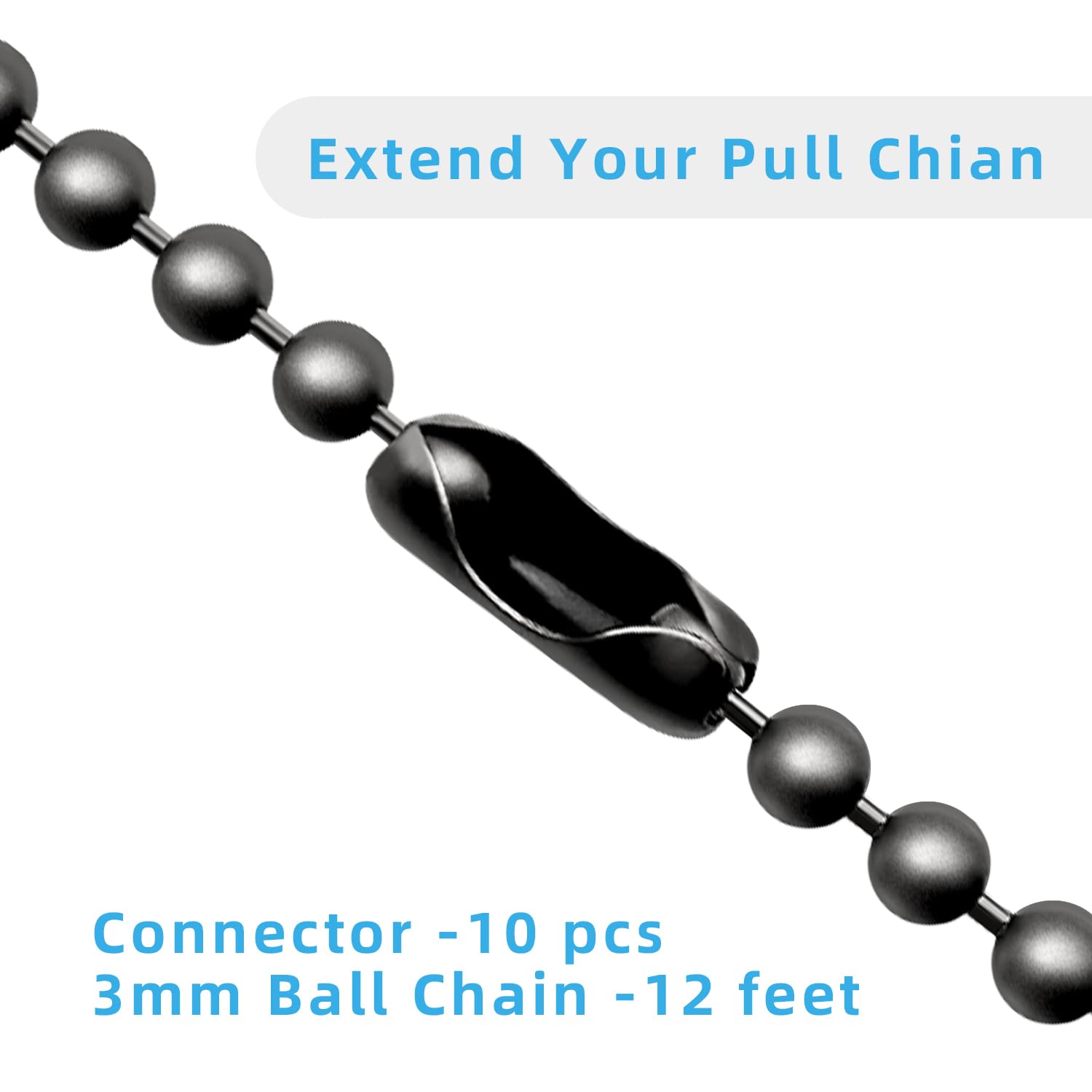 Ceiling Fan Pull Chain Extender, 12Feet 3Mm Diameter Beaded Ball Fan Light Extension Pull Chain With 10 Matching Connectors(Blac