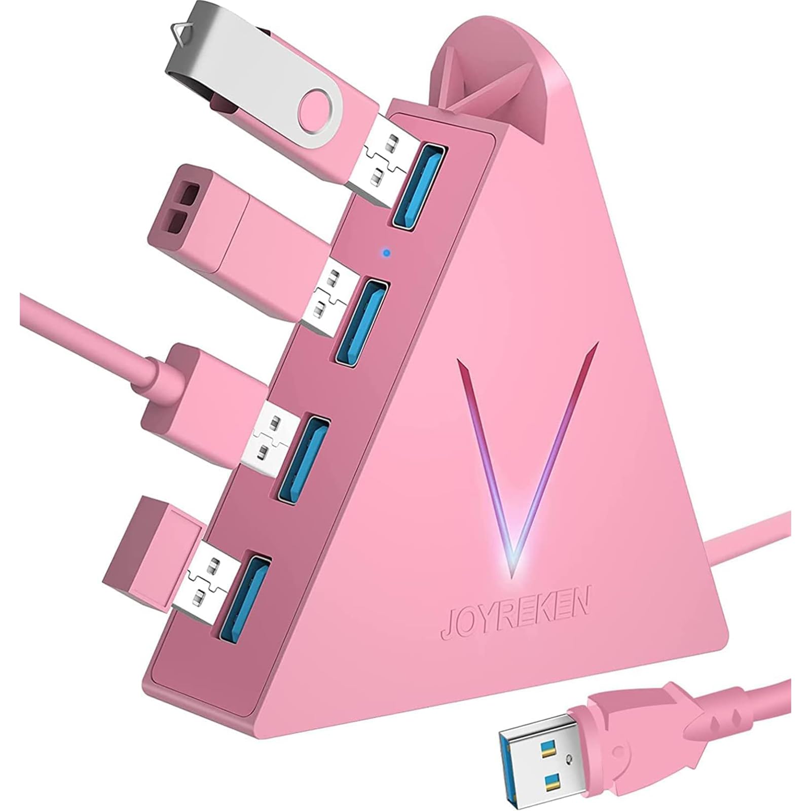 Joyreken 4 Port Usb 3.0 Hub, Flyingvhub Vertical Data Usb Hub With 2 Ft Extended Cable, For Mac, Pc, Xbox One, Ps4, Ps5, Imac, Surface Pro, Xps, Laptop, Desktop, Flash Drive, Mobile Hdd(Pink)