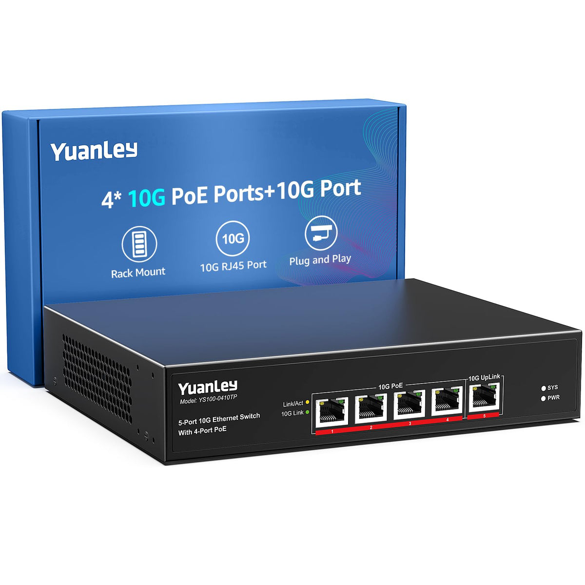 Yuanley 5 Port 10G Poe Switch Unmanaged With 4 Port Poe, 4 X 10G Base T Poe Ports, 1 X 10G Uplink, Ieee802.3Af/At, 65W Built In