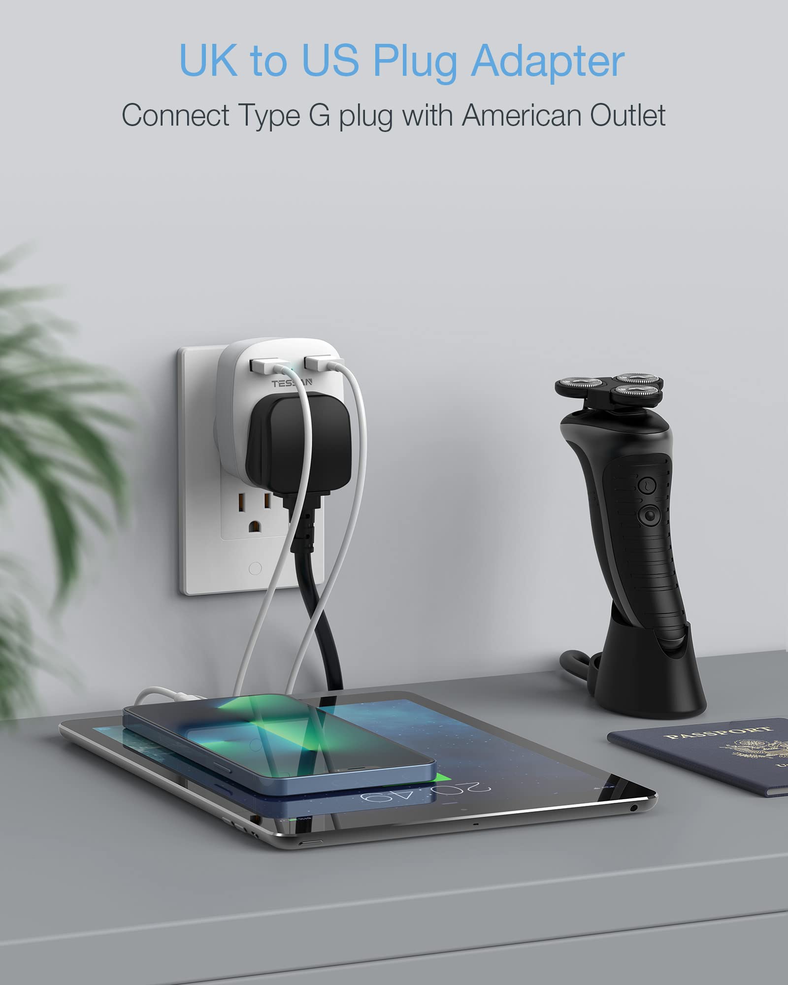 Tessan Uk To Us Plug Adapter, Uk Plug Adapter With Ac Outlet 2 Usb Ports, Uk Power Adapter Converts Type G Uk Ireland Singapore