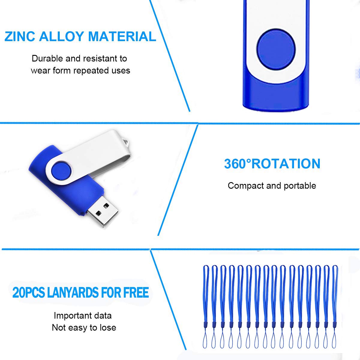 8Gb Bulk Usb Flash Drives 20 Pack, Eastbull Usb 2.0 Swivel Usb Stick Bulk Gig Stick Metal Thumb Fold Storage (Blue)