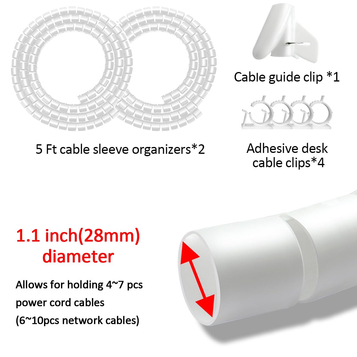 Fanoshon Large Cable Management Sleeve Organizer Coiled Wire Bundler Pet Proof PE White 1.1 Inch 5 ft 2 PCS