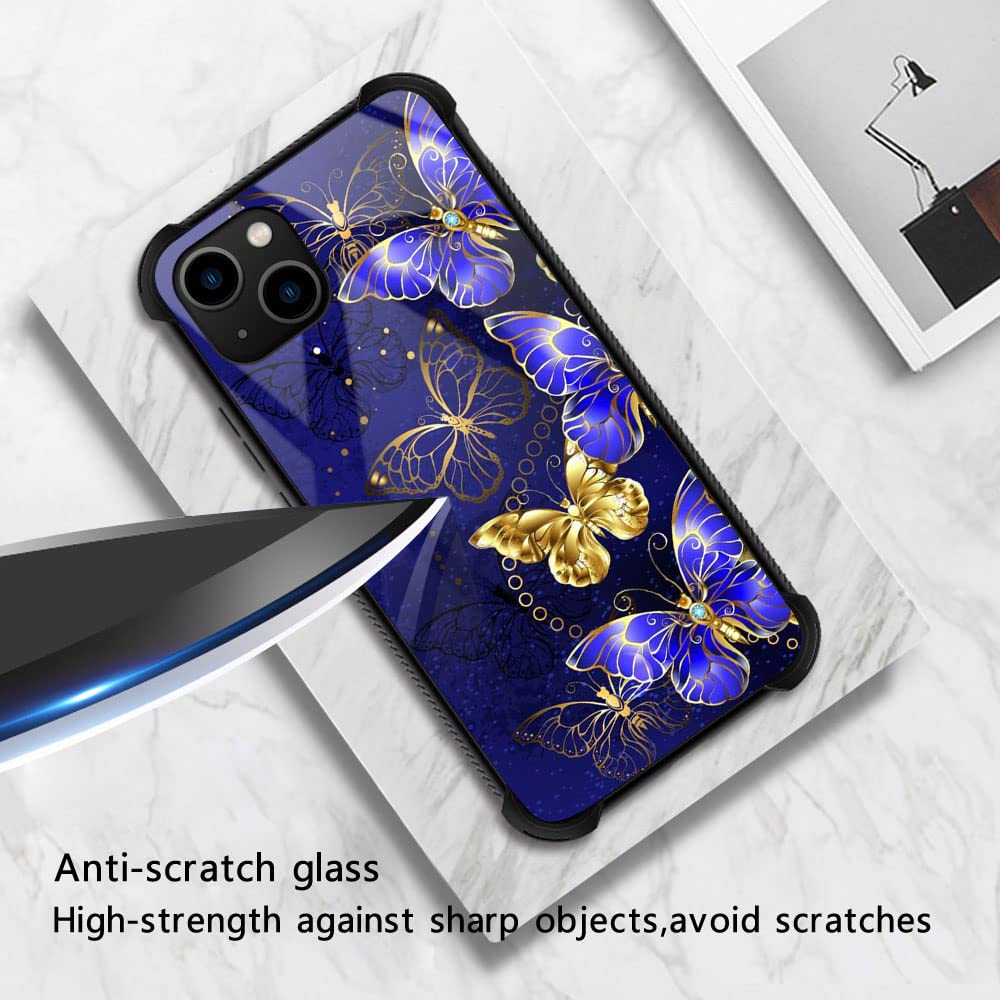Iphone 13 Case, Blue Gold Butterfly Iphone 13 Cases For Women Girls, Pattern Design Shockproof Anti Scratch Organic Glass Case F