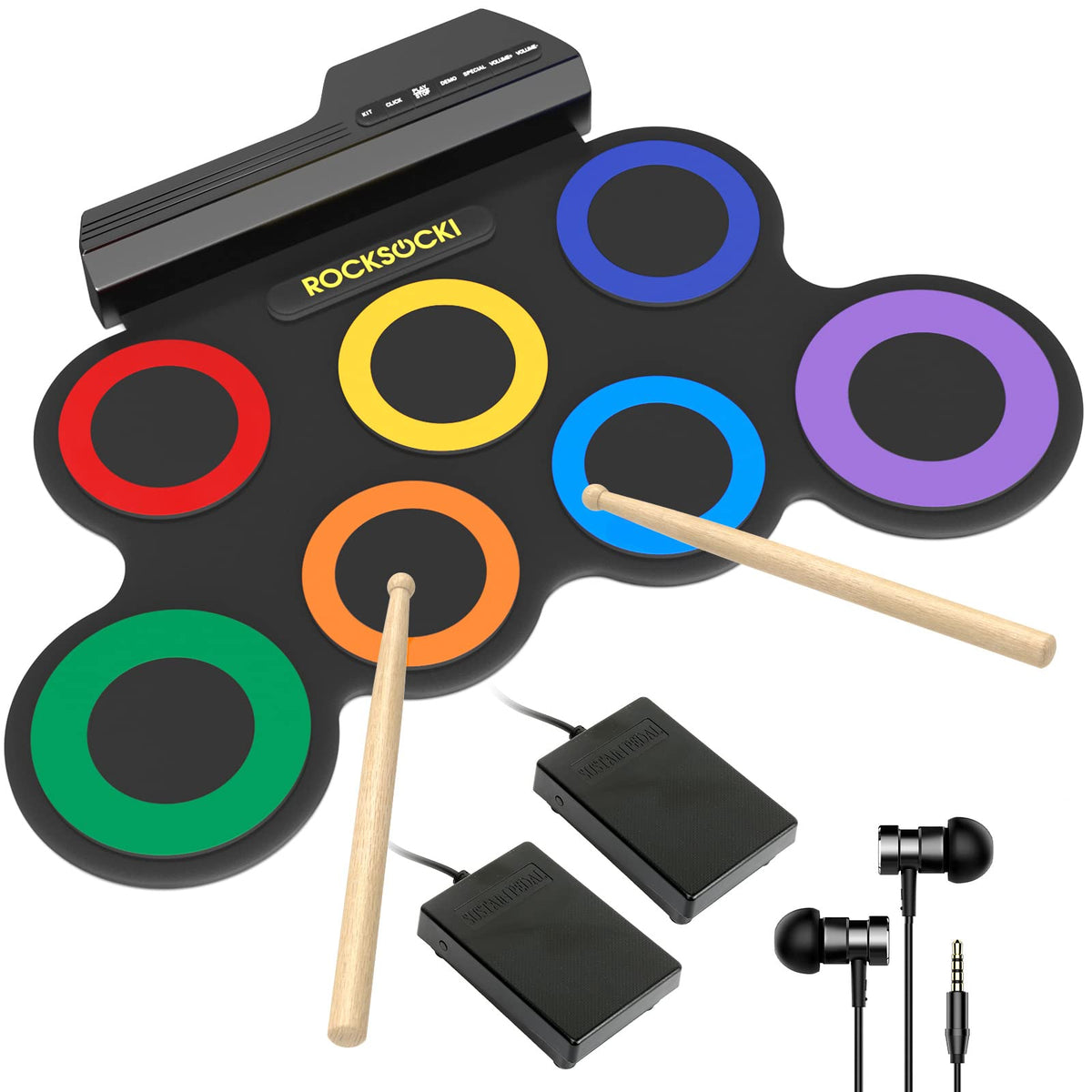 Rocksocki Electric Drum Set, 7-Pad Kids Electronic Drum Set With Headphone Included, Roll-Up Drum Practice Pad, Great Holiday Xm