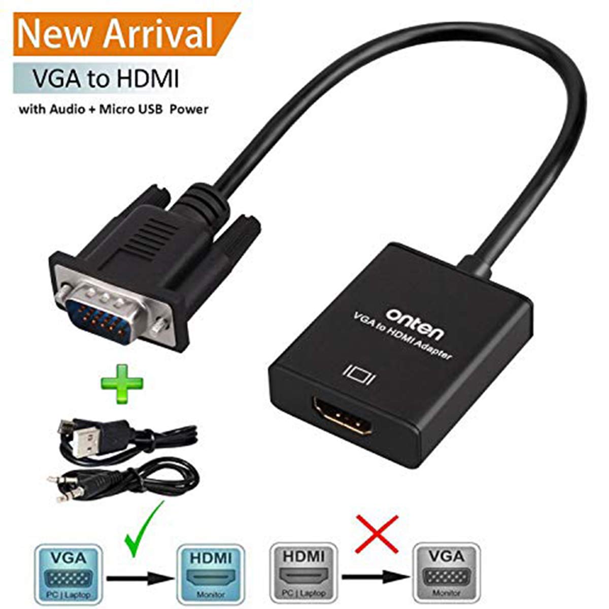 Onten Vga To Hdmi, 1080P Vga To Hdmi Adapter (Male To Female) For Computer, Desktop, Laptop, Pc, Monitor, Projector, Hdtv With Audio Cable And Usb Cable (Black)