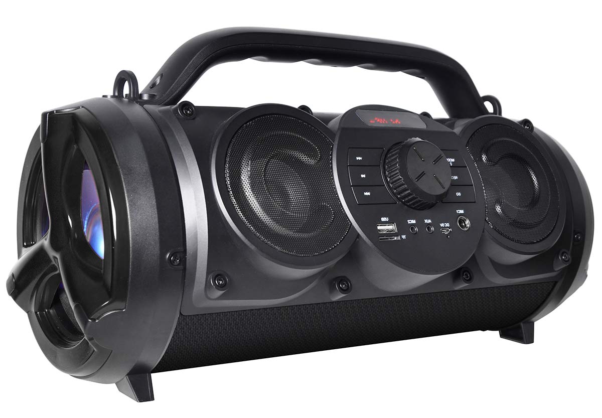 Boytone Bt 18Bk Portable Bluetooth Boombox Speaker, 80W Peak Indoor/Outdoor, Loud Sound, Deeper Bass, Eq, 5' Subwoofer, Tweeter, Fm, 9H Playtime, Usb, Micro Sd, Microphone, Recording, Led Light