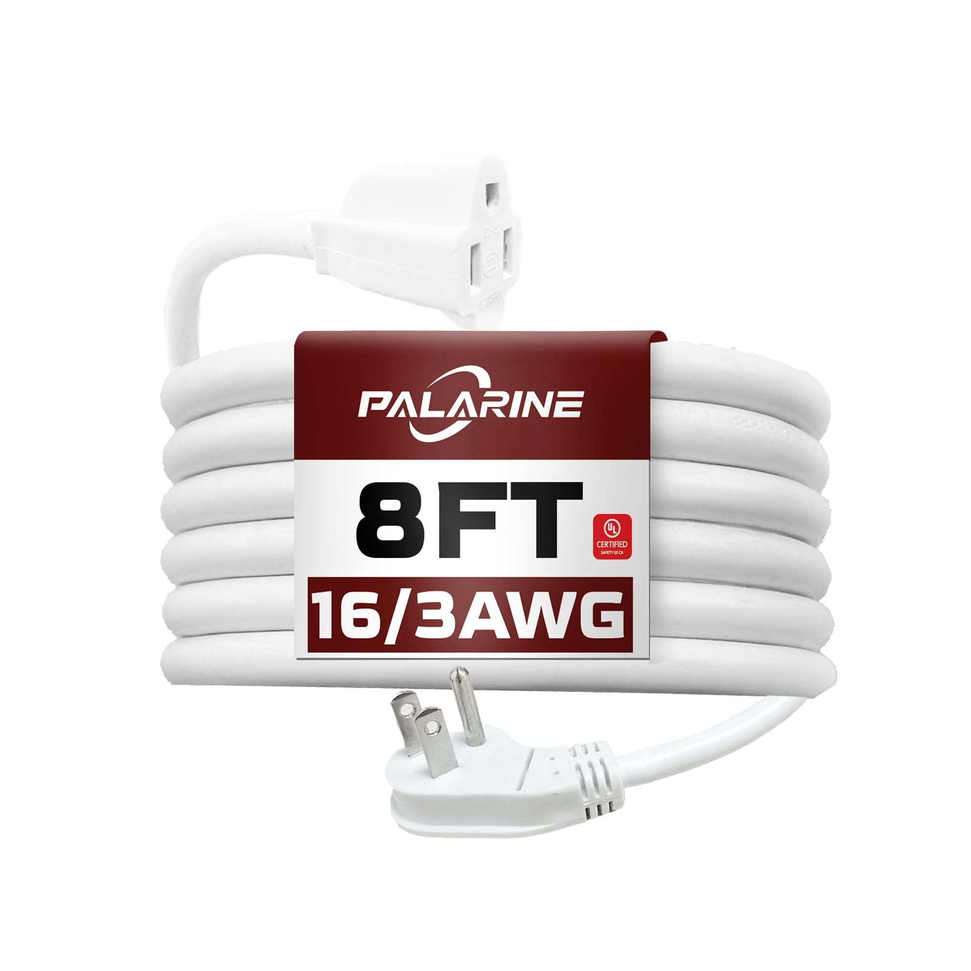 Palarine Indoor Flat Plug White Extension Cord 8Ft, Ul Listed, 16/3 Sjtw 3 Prong Heavy Duty, 16 Gauge 13A Power Cord For Lights,
