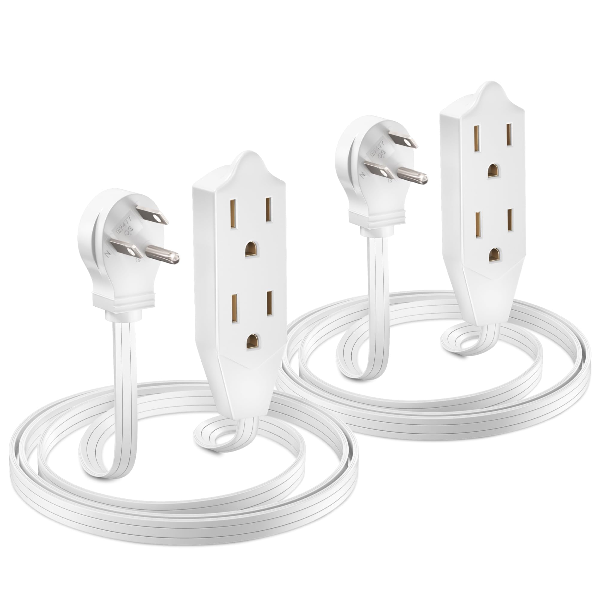 Maximm Cable 3 Feet Flat Plug Extension Cord/Wire, Multi Outlet   3 Prong Angled Plug Extension Cord   White Ul Certified (2 Pack)