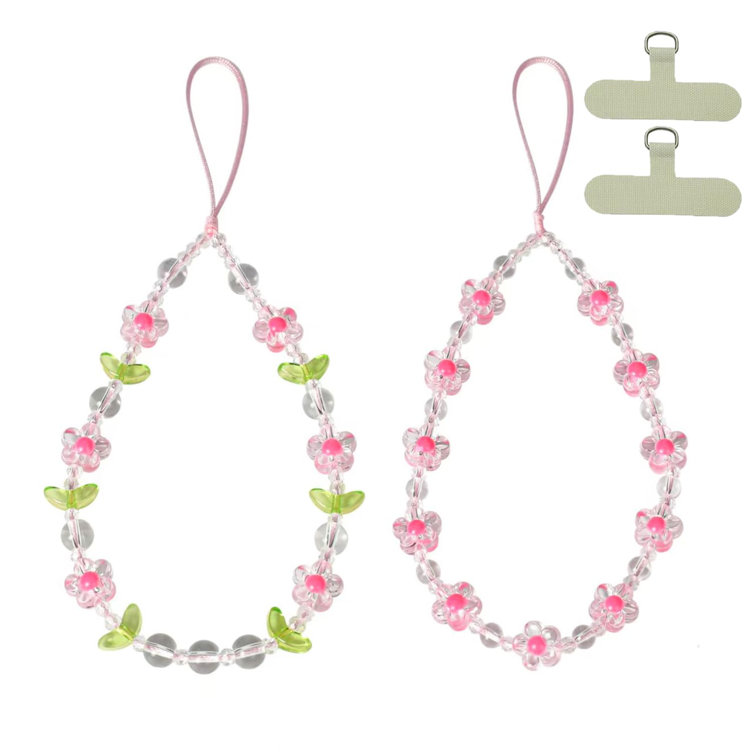 NUANJUYU 2pcs Cute Flower Charm Straps for Phone,Keychain,Purse- Beaded Crystal Phone Lanyard and Wrist Strap,Women Gif(Pink )