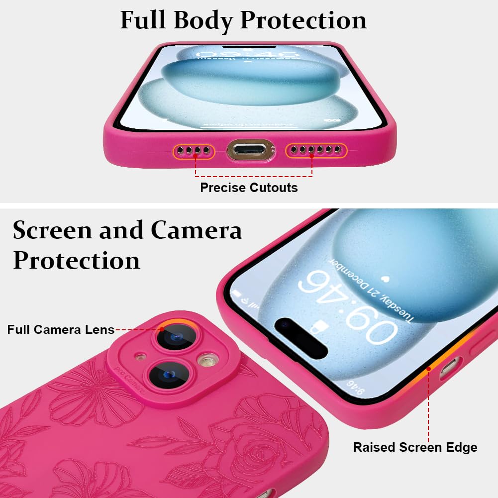Lsl Case For Iphone 15 Hot Pink Floral Flower Pattern Print Case Soft Tpu Full Camera Lens Anti Drop Anti Scratch Shockproof Pro