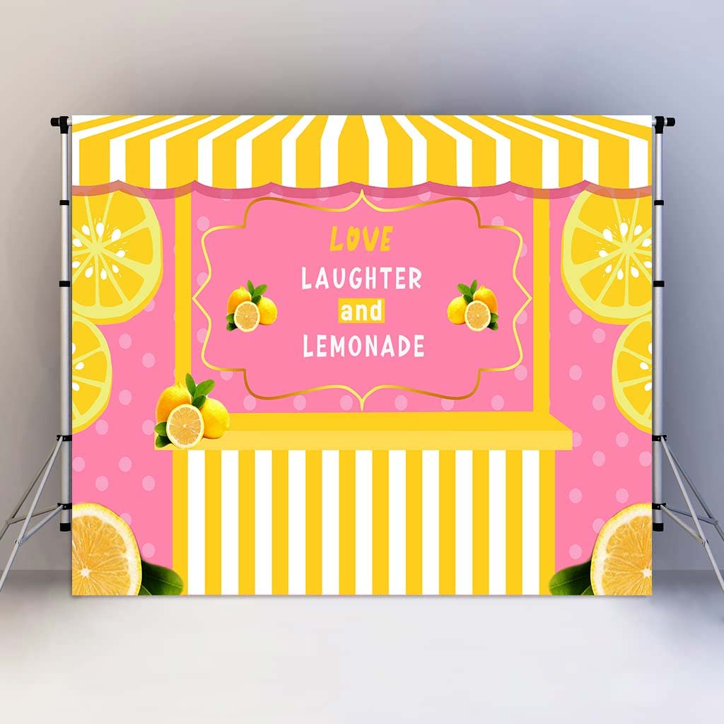 LUCKBTY Yellow Lemon Backdrops for Party Shower Wall Decoration 7x5ft Love Laughter and Lemonade Pink Photography Background Pho