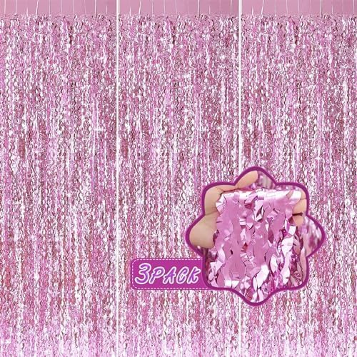 Pink Foil Fringe Curtain   Wavy Pink Fringe Backdrop 3.3 X 6.6 Feet, Pack Of 3 | Pink Streamers Party Decorations Pink Birthday