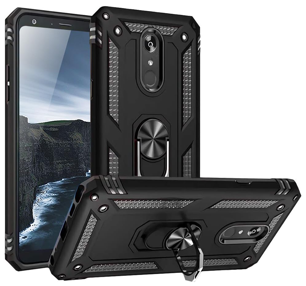 TJS Phone Case Compatible with LG Stylo 5/Stylo 5 Plus/Stylo 5V/Stylo 5X, Metal Ring Magnetic Support Kickstand Heavy Duty (Blac