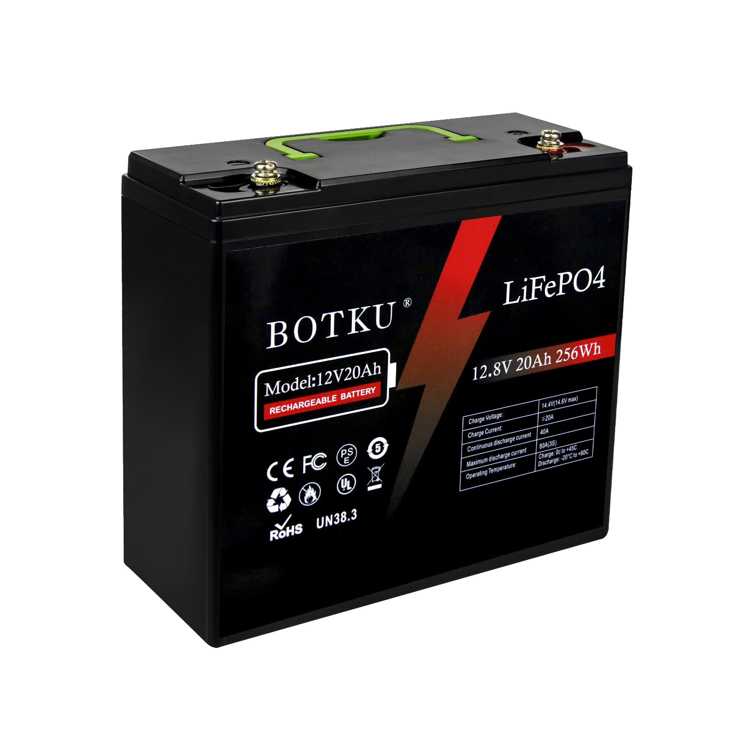 BOTKU 12V 20Ah Lithium LiFePO4 Deep Cycle Battery, 3000+ Cycle Rechargeable Lithium Iron Phosphate Battery for Solar, Fish Finde