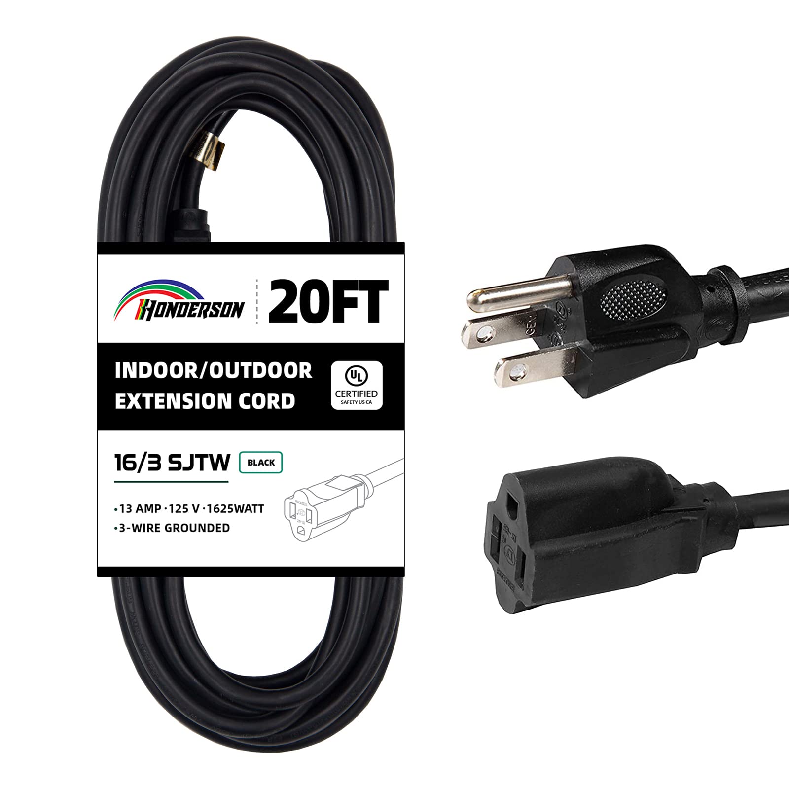 Honderson 20Ft Outdoor Extension Cord 16/3 Sjtw Durable Black Extension Cable With 3 Prong Grounded Plug For Safety,Great For Ou