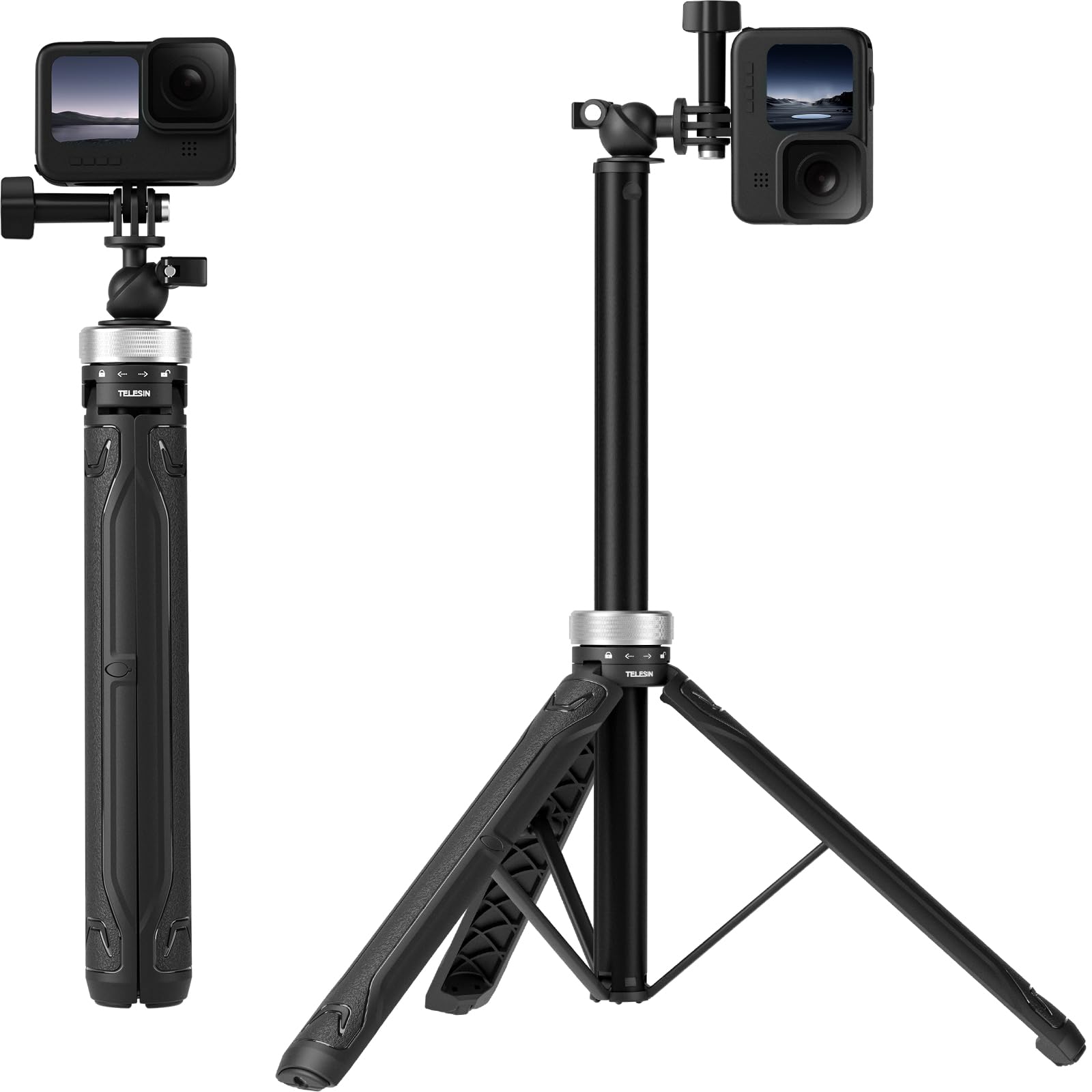 Telesin 59In Long Selfie Stick Tripod For Gopro, 360 Ball Joint Extension Pole Monopod Handle Grip For Go Pro Max Hero 13 12 11