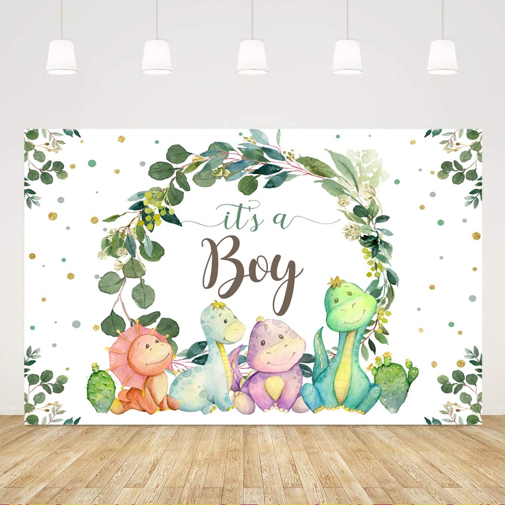 5X3Ft It'S A Boy Backdrop Baby Shower Cartoon Dinosaur Cactus And Eucalyptus Leaves Photography Background Kids Party Supplies C