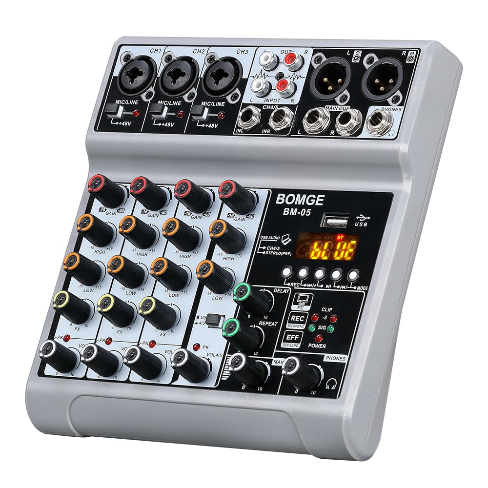 BOMGE Audio Mixer, Sound Board Mixing Console with 5 Channel Digital USB Bluetooth Echo Delay Effect, 48V Phantom Power Stereo D