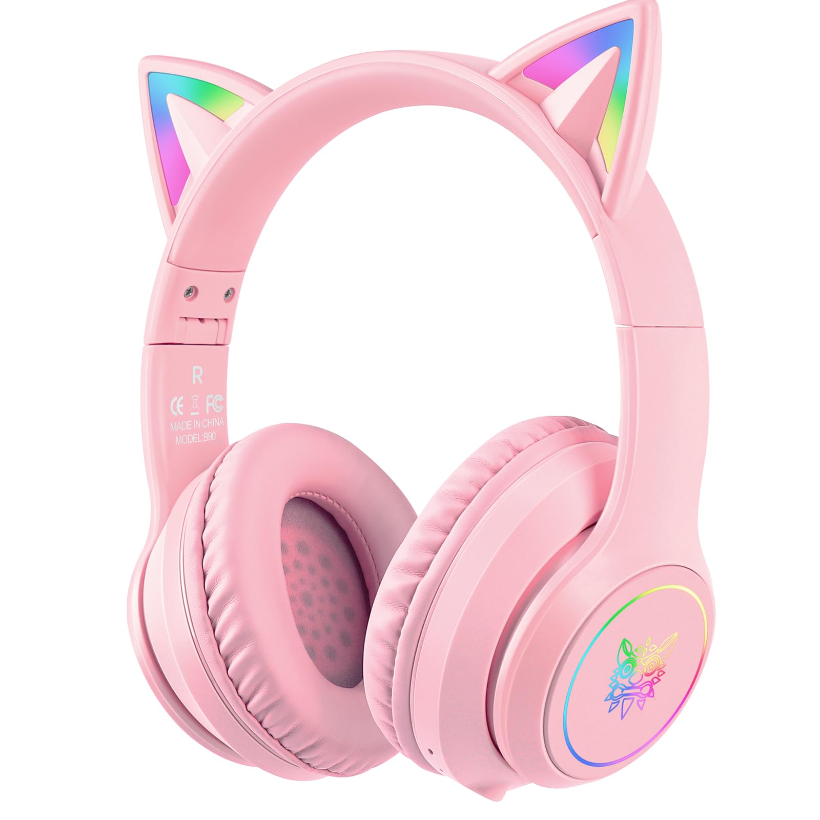 ONITOON Cat Ear Bluetooth Headphones with Micphone for Kids & Adults, LED Light Up Wireless HI-FI Sound Quality, Over-Ear Headph