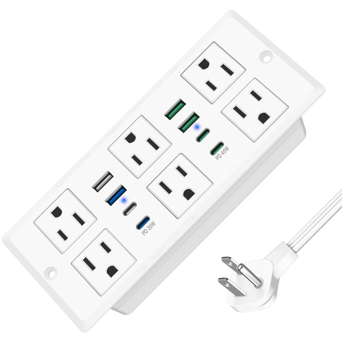 Recessed Power Strip With 45W Usb C, Furniture Desk Flush Mount Outlet, Ultra Thin Flat Plug Power Strip, 6 Outlets & 8 Usb Port