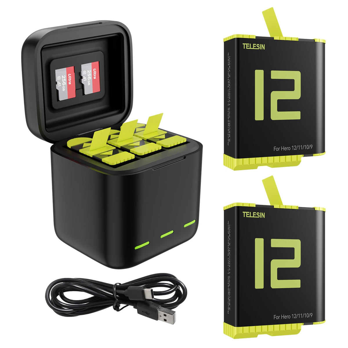 Telesin Battery Charger Kit For Gopro Hero 12 Hero 11 Hero 10 Hero 9 Black, 2 Pack Batteries Triple Usb Charger Fully Compatible