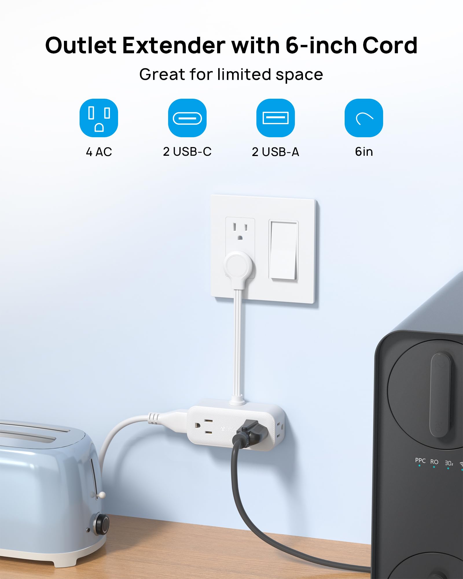 Trond Outlet Extender With 6 Inch Cord, Flat Plug Adapter With 4 Electrical Sockets And 4 Usb Ports, Wall Mountable, Multi Plug