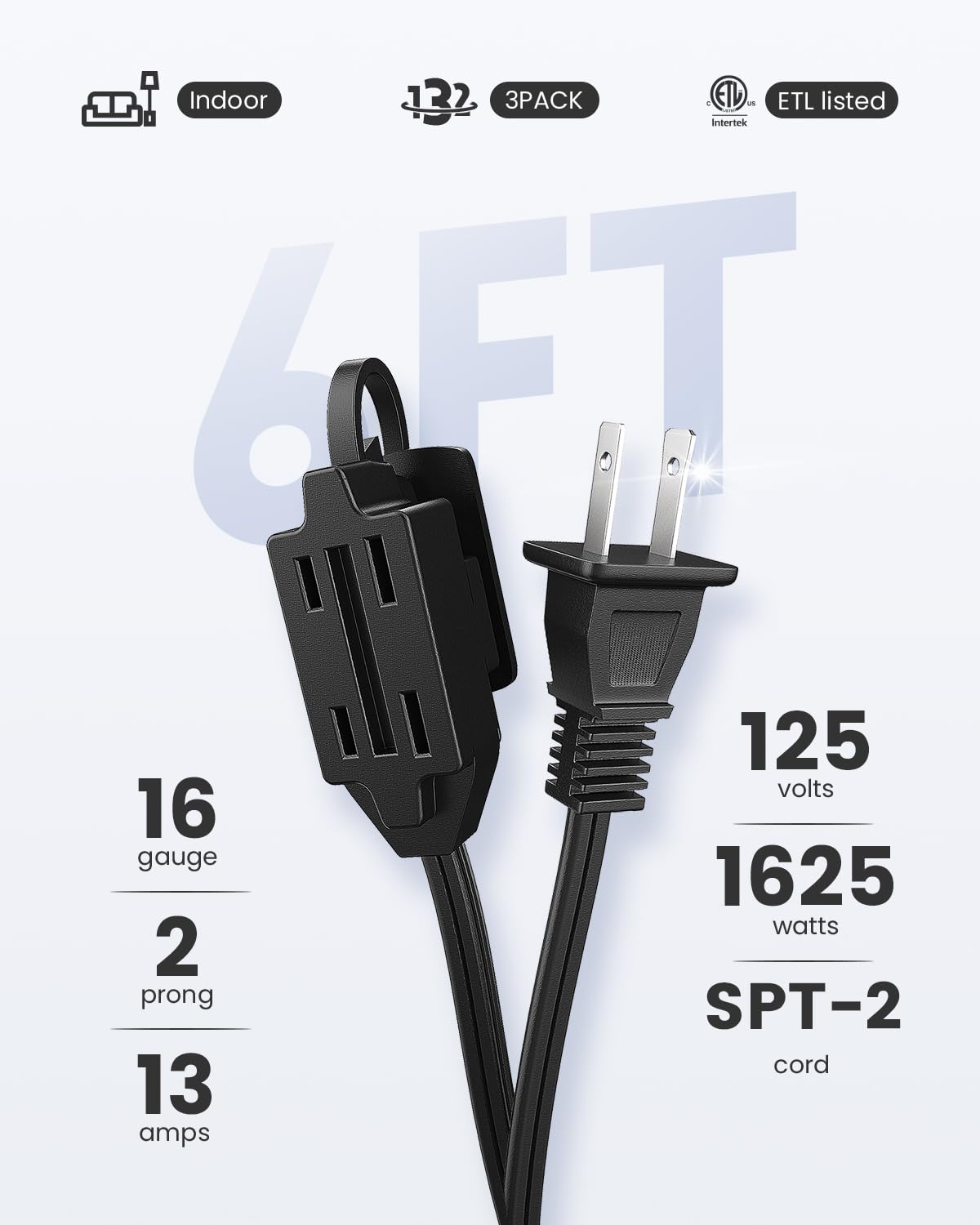 Plugtul Indoor Extension Cord 6 Ft, 2 Prong Black Extension Cord, 3 Polarized Outlets With Safety Cap Protect For Home Office, 1