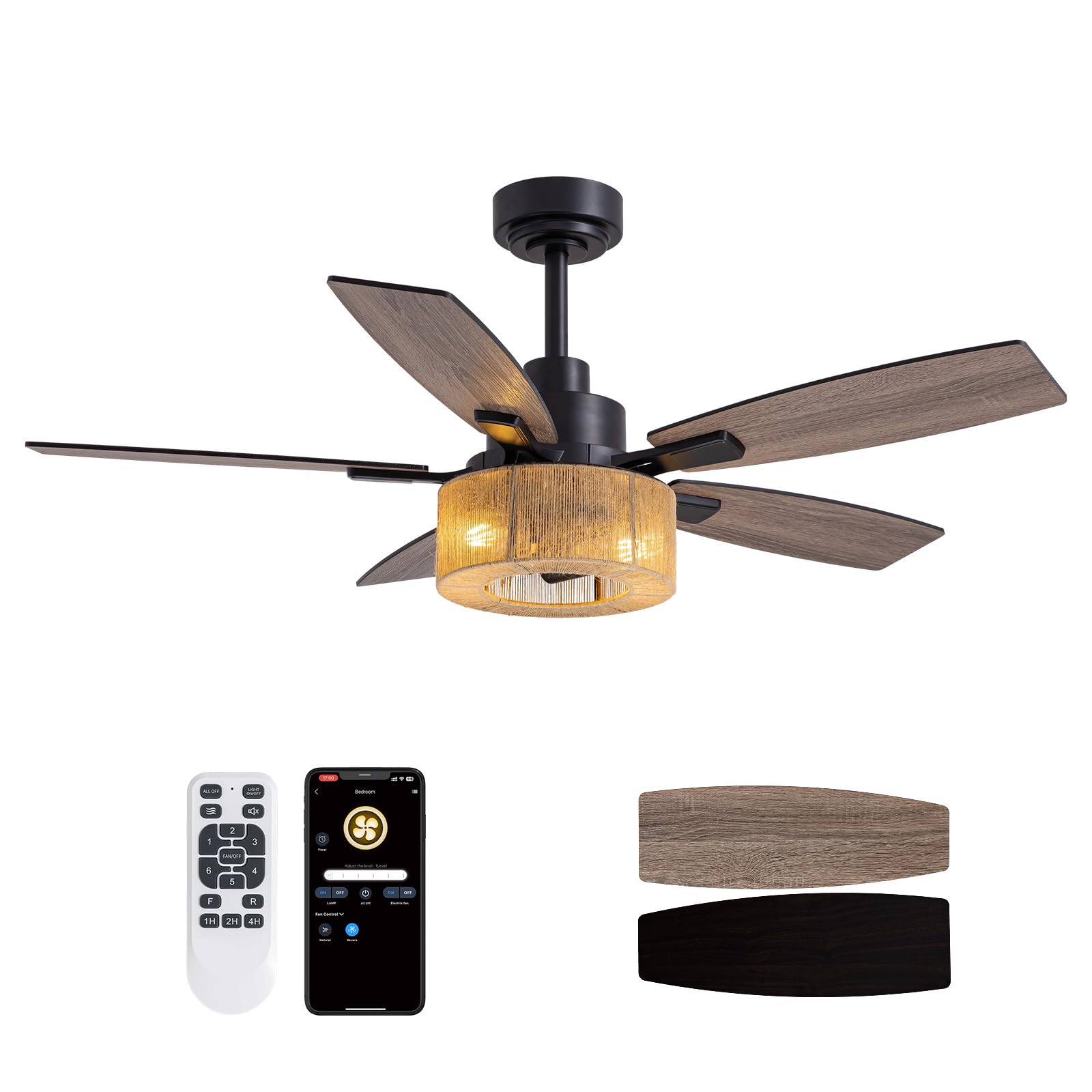 LuminFan 46 Inch Boho Black Hemp Ceiling Fans with Lights and Remote Control, Farmhouse Caged Rattan Ceiling Fan for Dining Room