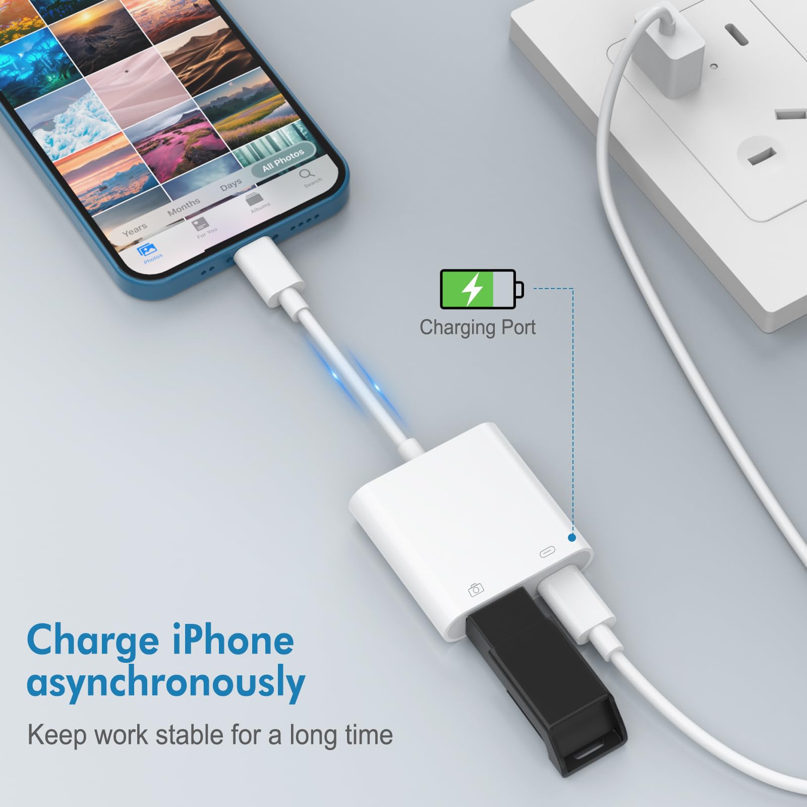 Lightning To Usb Camera Adapter With Charging Port, Usb Female Otg Adapter For Iphone Ipad Models Support Connect Camera, Card Reader, Usb Flash Drive, Midi Keyboard Plug And Play