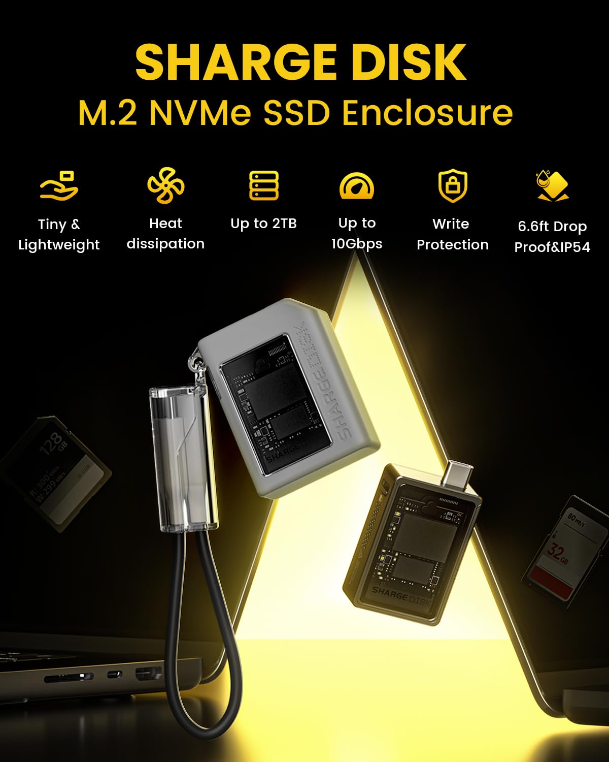 Sharge Disk M.2 Nvme Ssd Enclosure With Active Cooling System, 10Gbps Usb C 3.2 Gen2, Enclosure Nvme Reader Supports M Keys And