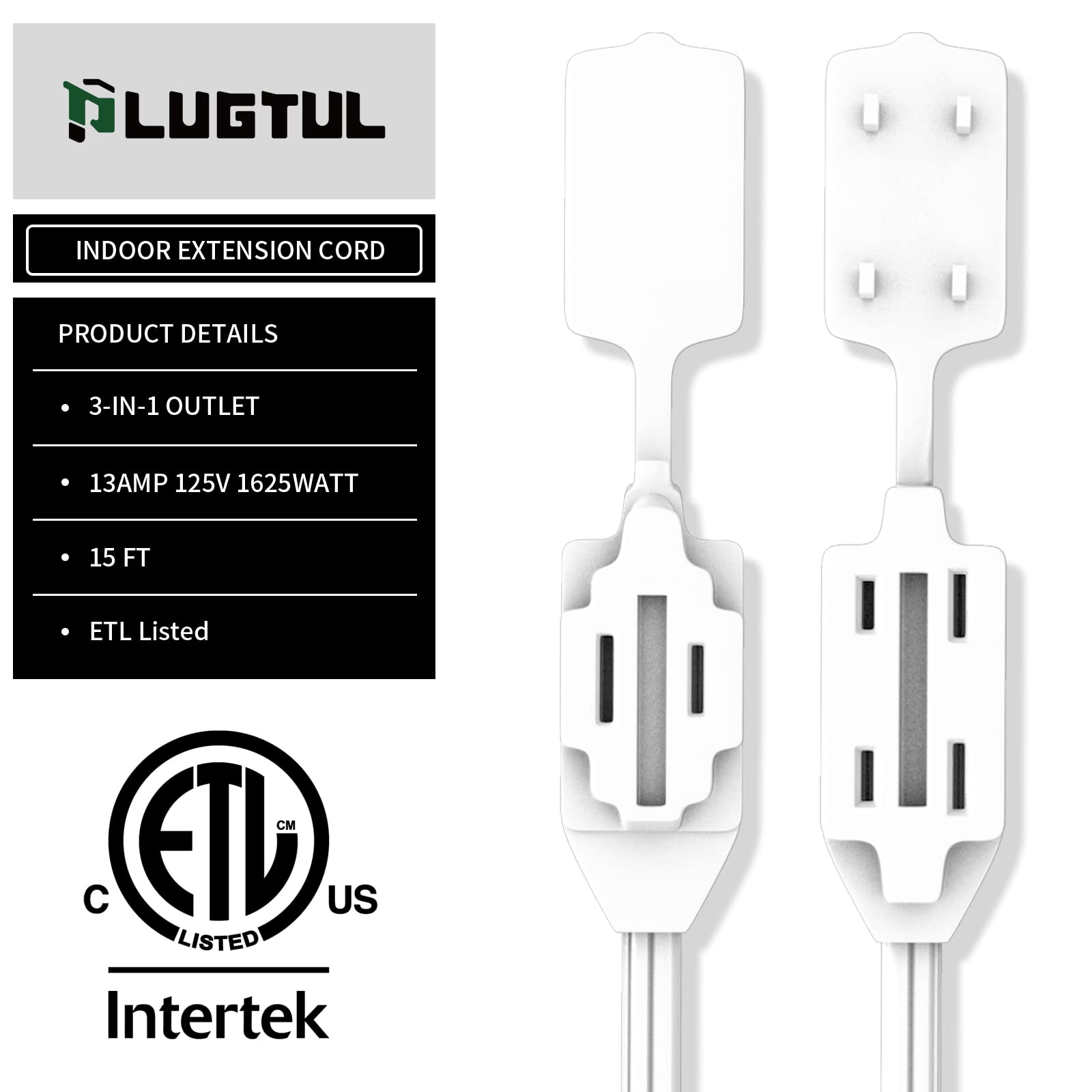 Plugtul Indoor White Extension Cord 15 Feet, 3 Outlet Household Extension Cord, 2 Prong, 16 Gauge, 3 Polarized Outlets With Safe