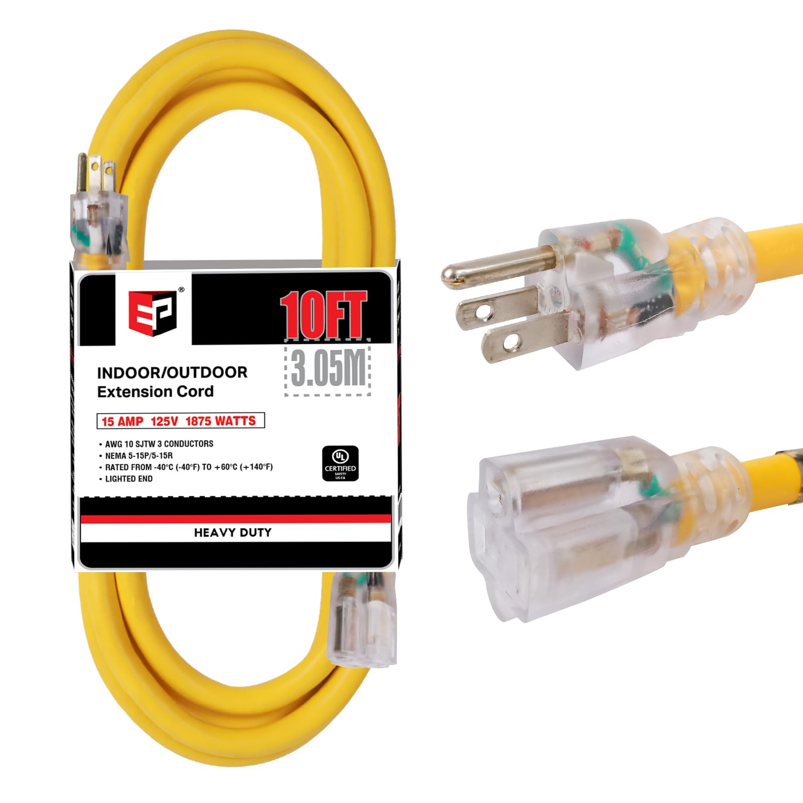 Ep 10 Ft Lighted Outdoor Extension Cord   10/3 Sjtw Heavy Duty Yellow Extension Cable With 3 Prong Grounded Plug For Safety, Ul