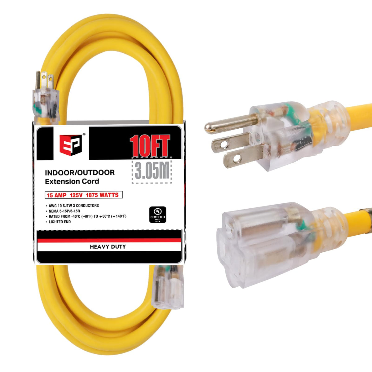 Ep 10 Ft Lighted Outdoor Extension Cord   10/3 Sjtw Heavy Duty Yellow Extension Cable With 3 Prong Grounded Plug For Safety, Ul