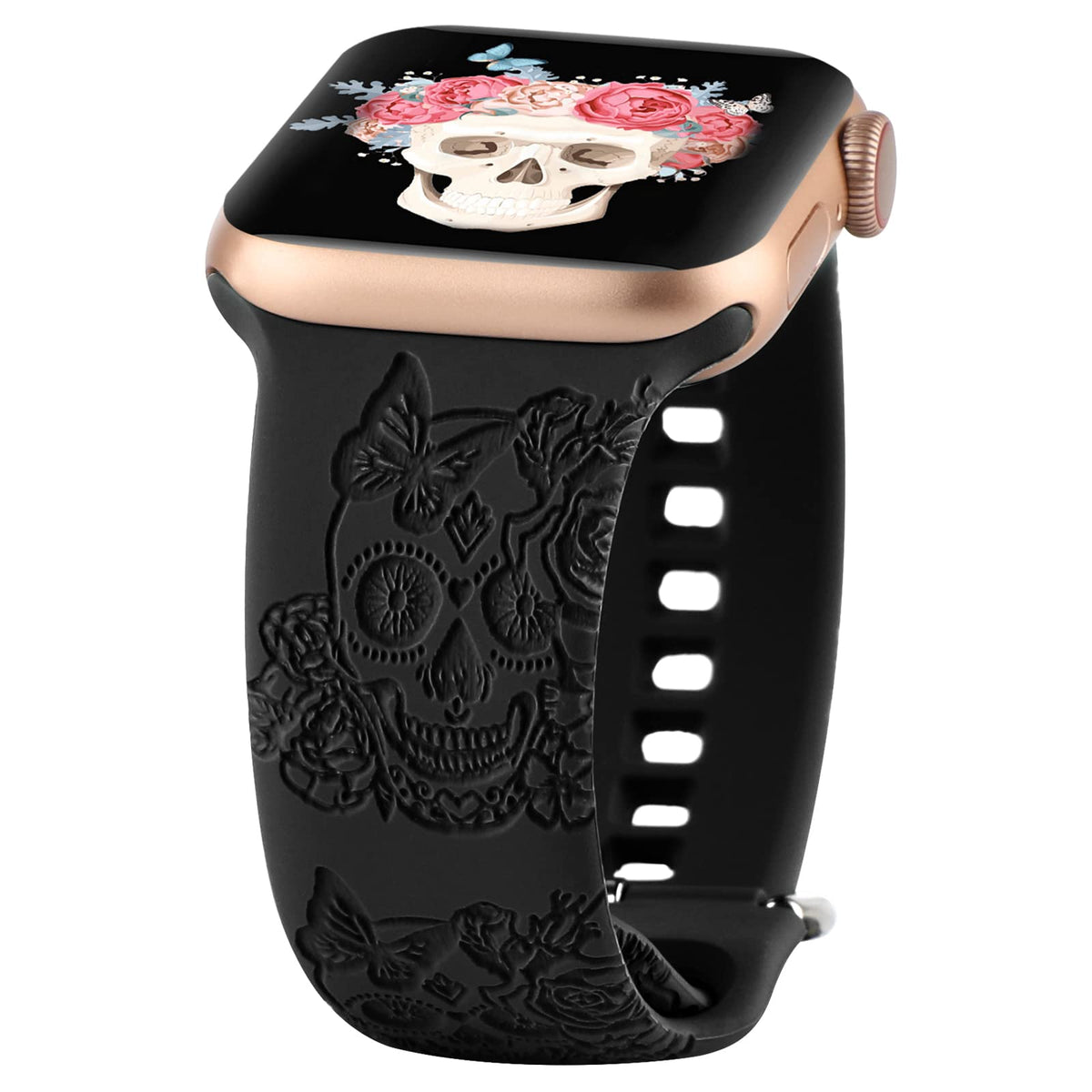 Skull Engraved Design Sport Bands Compatible With Apple Watch Iwatch Bands 40Mm 38Mm 41Mm, Flower Pattern Laser Printed Soft Sil
