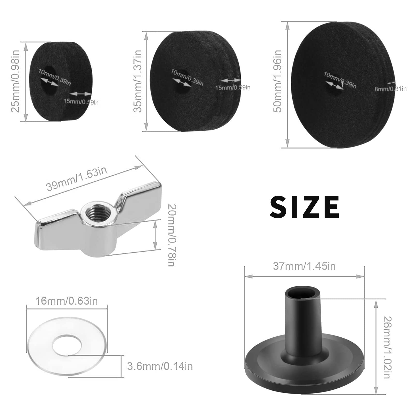 Cheerock 21 Pcs Cymbals Replacement Accessories Cymbal Stand Felts Hi Hat Clutch Felt Cup With Sleeves, Base Wing Nuts And Washe