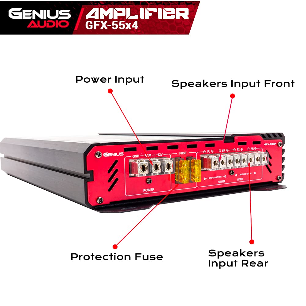 Genius Audio Gfx 55X4 Full Range Powered Car Amplifier Multichannel 1200 Watts Max Class Ab 2 Ohm Stable With Power Protection S