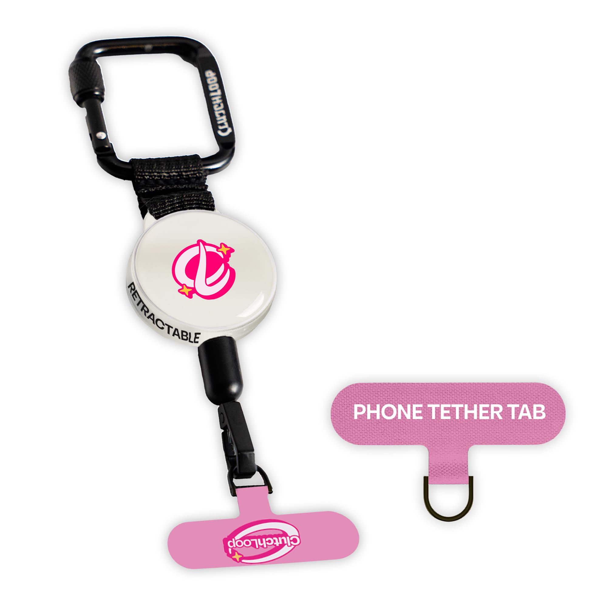 ClutchLoop Anti-Theft Phone Tether - Universal Adhesive Anchor, Retractable Steel Line and Locking Carabiner (Pinkie)