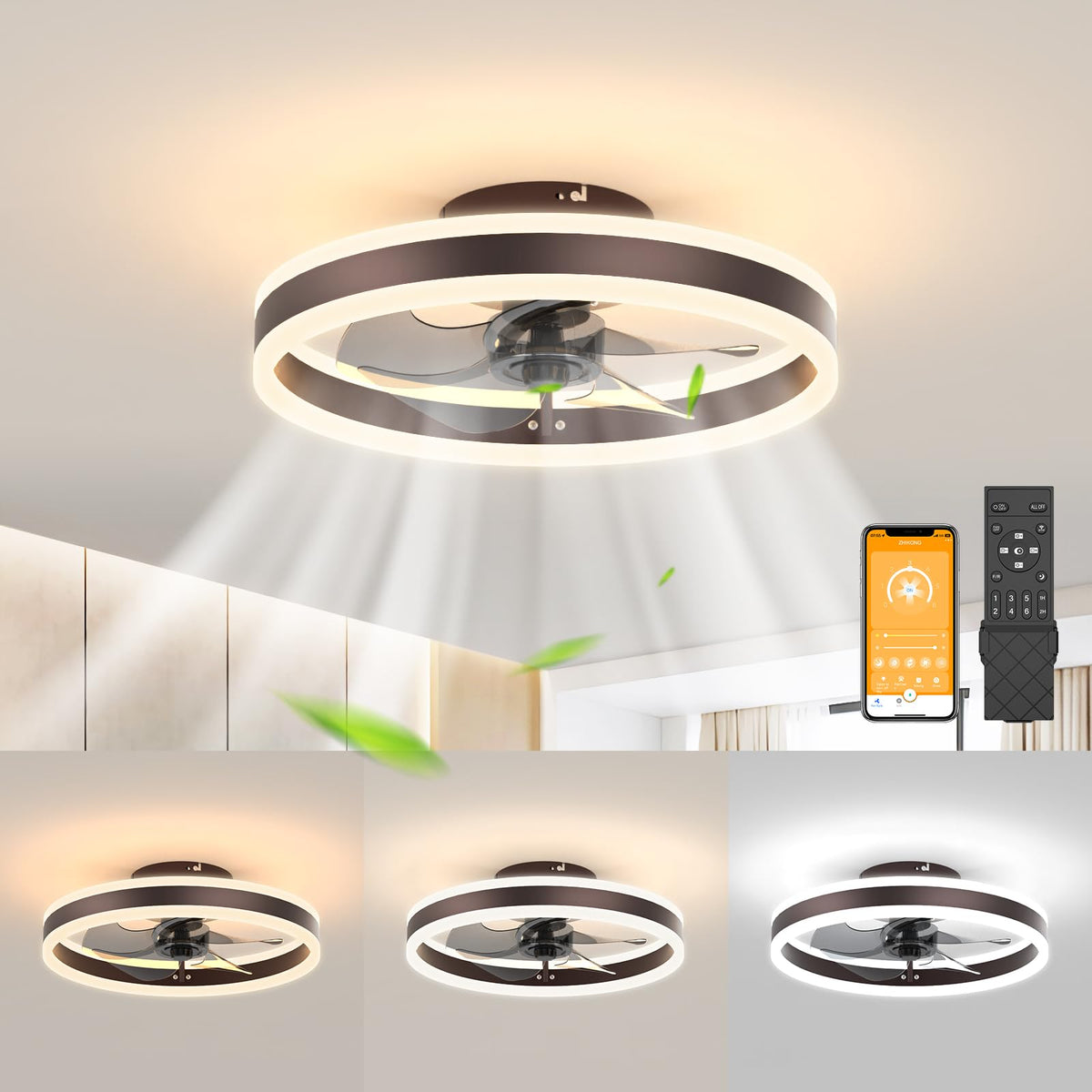 Jofios Low Profile Ceiling Fans With Lights,15.7In Flush Mount Ceiling Fan Light With Remote, Fandelier Ceiling Led Fan Light, S